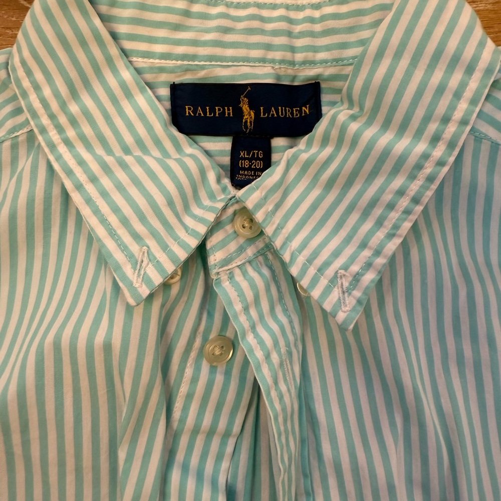 Boys XL Ralph Lauren Polo button down. Mint Green. stripe. SZ 18-20. - Picture 2 of 3